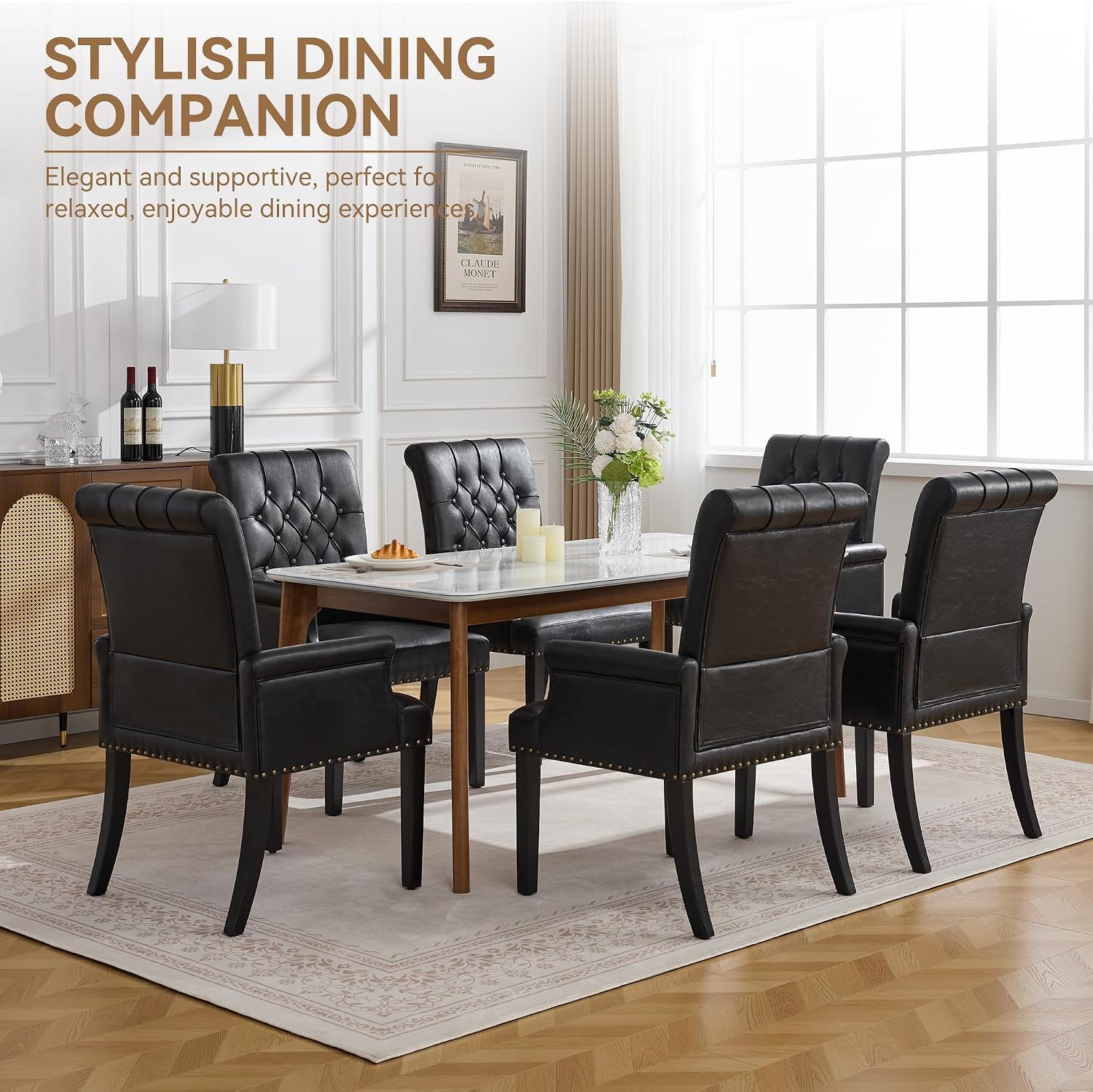 WUTUTUEE PU Leather Dining Chair with Arms, Upholstered Tufted High Back Dining Room Chairs, Accent Armchair with Solid Wood Leg and Nailhead Trim, Kitchen Dining Living Room, Black