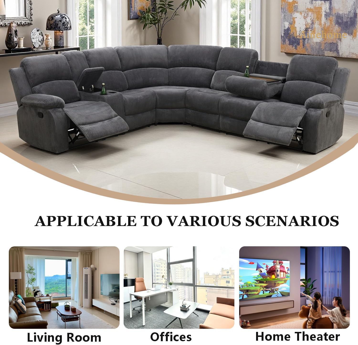 A Ainehome Furniture Manual Sectional Recliner Sofa Set with Storage, Corduroy Sofa Sets Manual Reclining Sectional Couches for Living Room with 2 Recliner Seats(Living Room Set, Dark Grey)