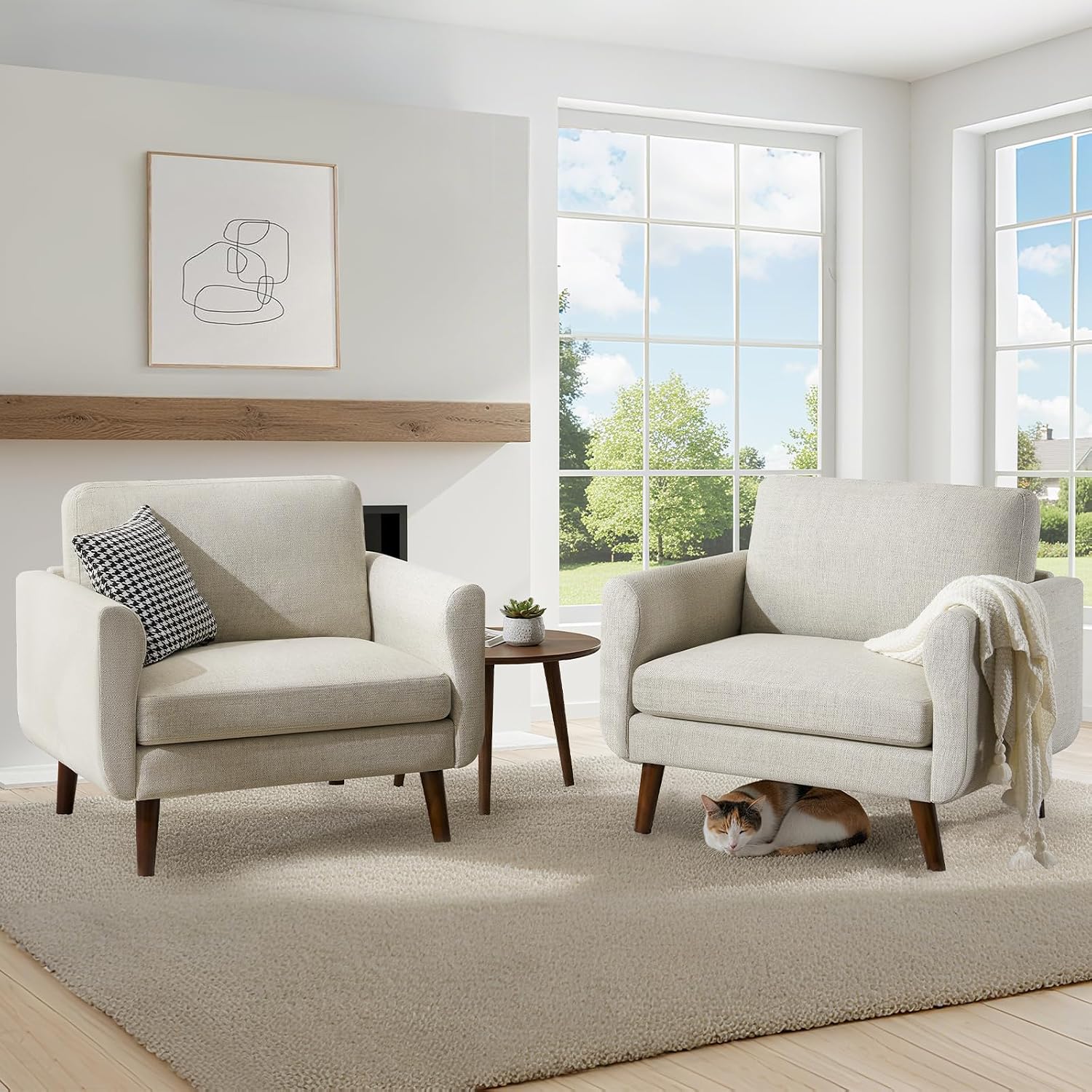 Oversized Accent Chair for Living Room, 37' Mid-Century Modern Comfy Reading Chair, Linen Fabric Solid Wood Frame Armchair, Upholstered Oatmeal Bedroom Accent Chairs Set of 2 for Adults