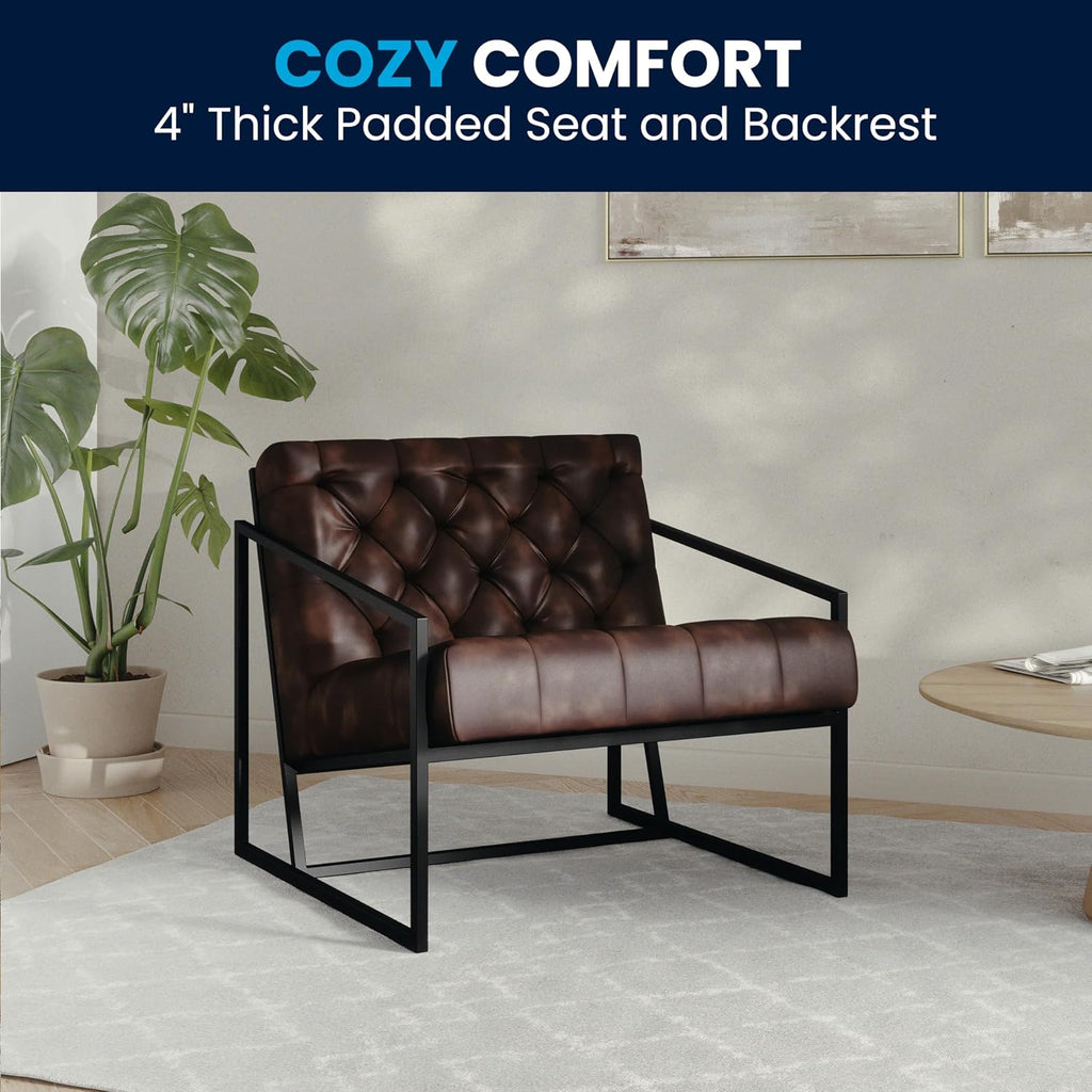 Flash Furniture Hercules Madison Series Bomber Jacket LeatherSoft Tufted Lounge Chair, Tufted Retro Accent Chair for Living Room or Office, Brown/Black