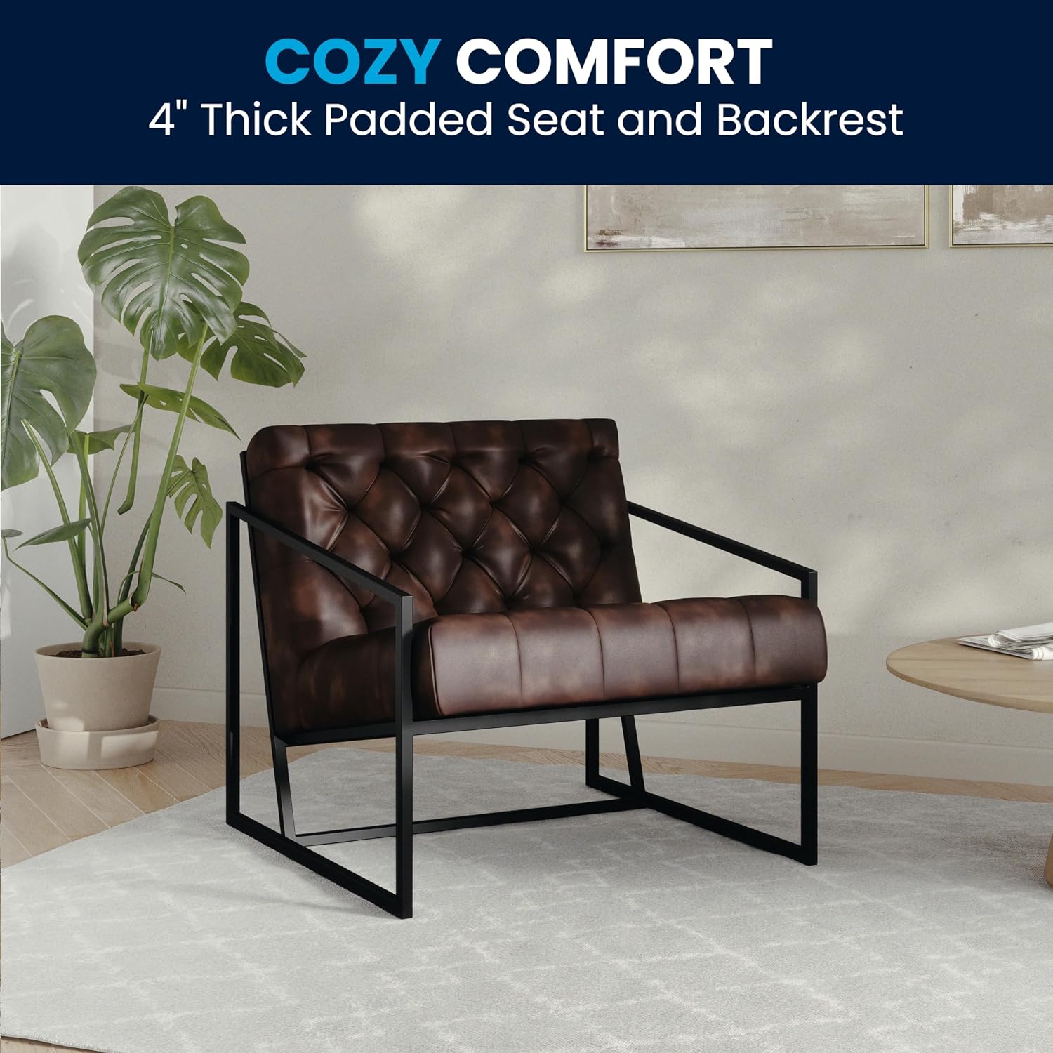 Flash Furniture Hercules Madison Series Bomber Jacket LeatherSoft Tufted Lounge Chair, Tufted Retro Accent Chair for Living Room or Office, Brown/Black
