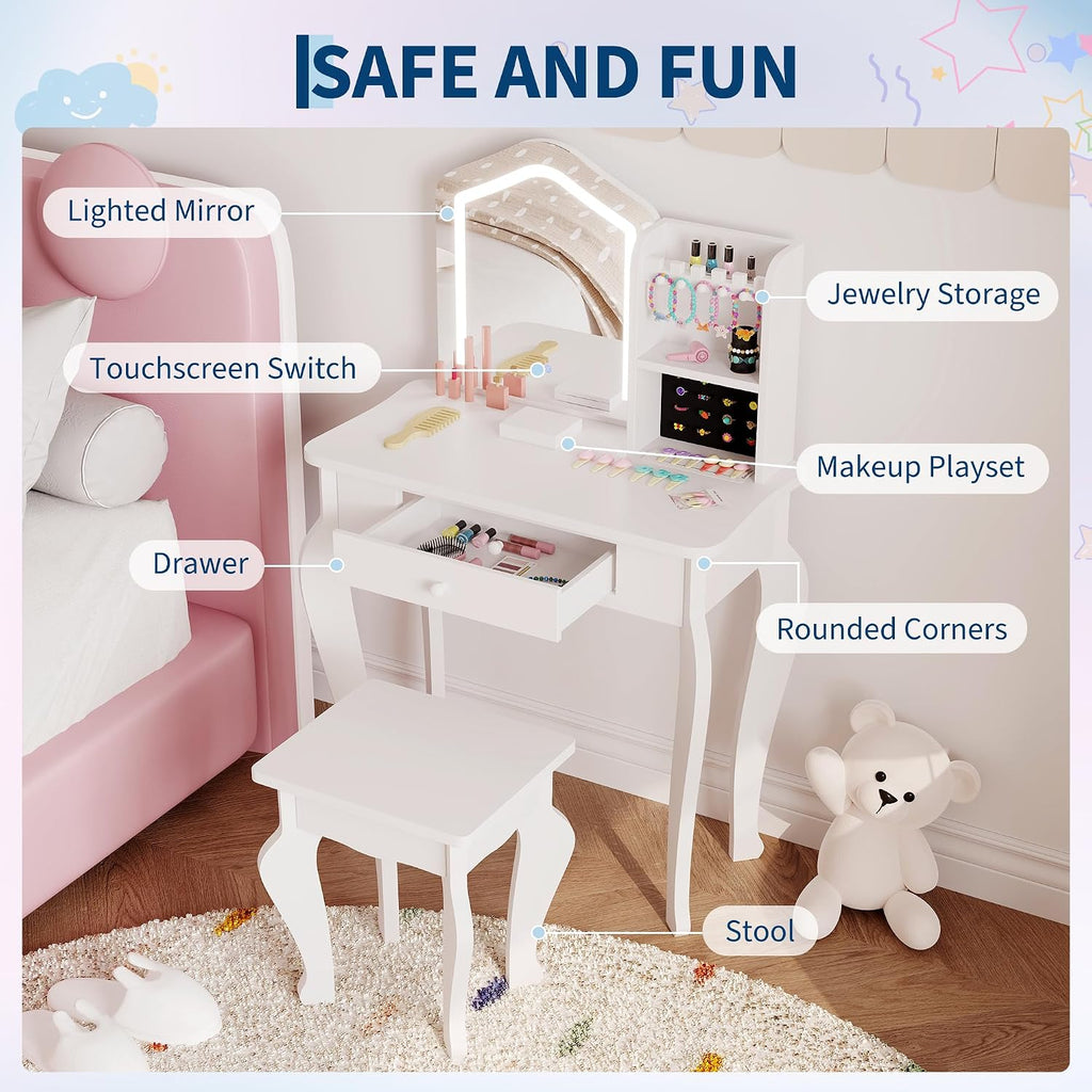 GarveeHome Kids Vanity with Lighted Mirror, Toddler Vanity Table and Chair Set, Girls Makeup Playset, White