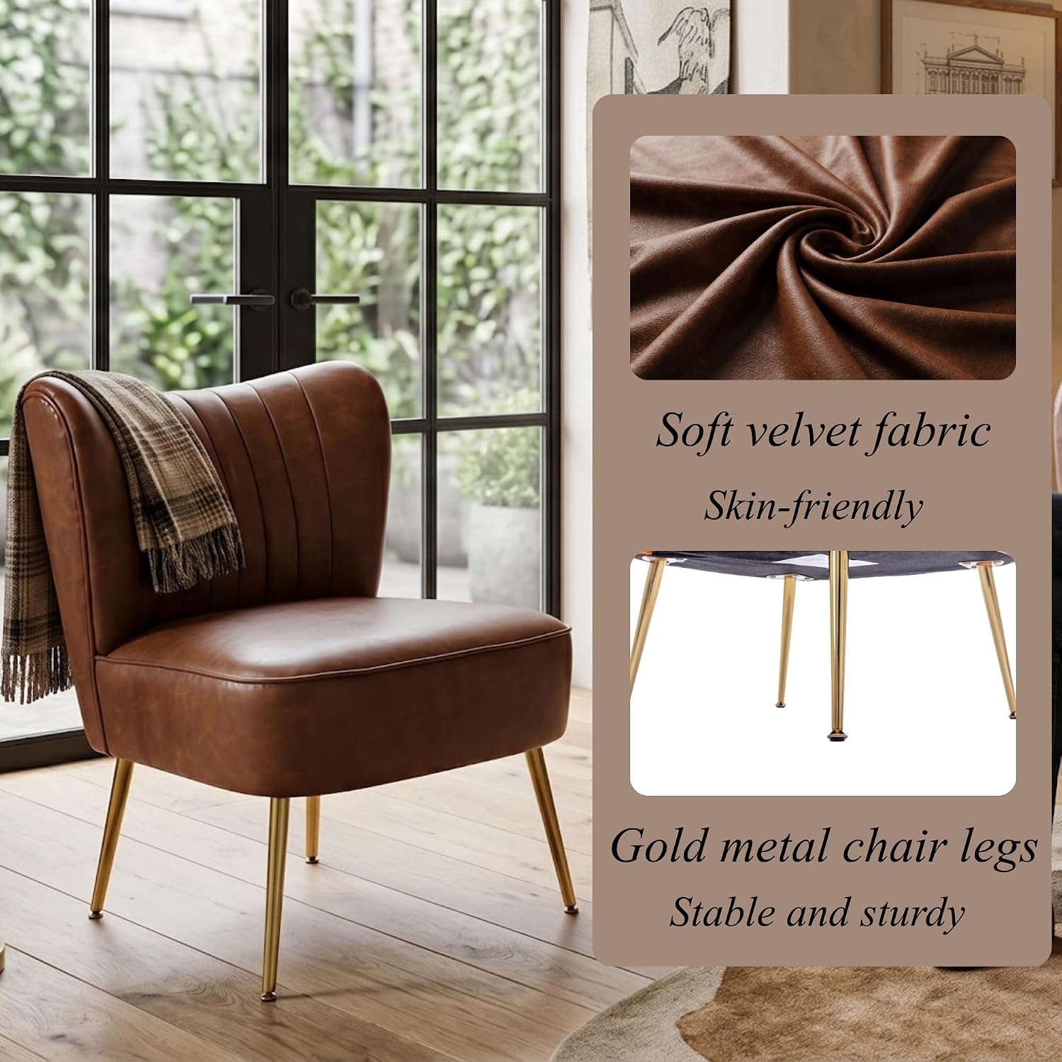 PU Leather Accent Chair Set of 2 - Comfy Armless Slipper Mid Century Side Chair With Golden Legs - Wingback Single Sofa for Living Room, Bedroom, Guest Room - Brown