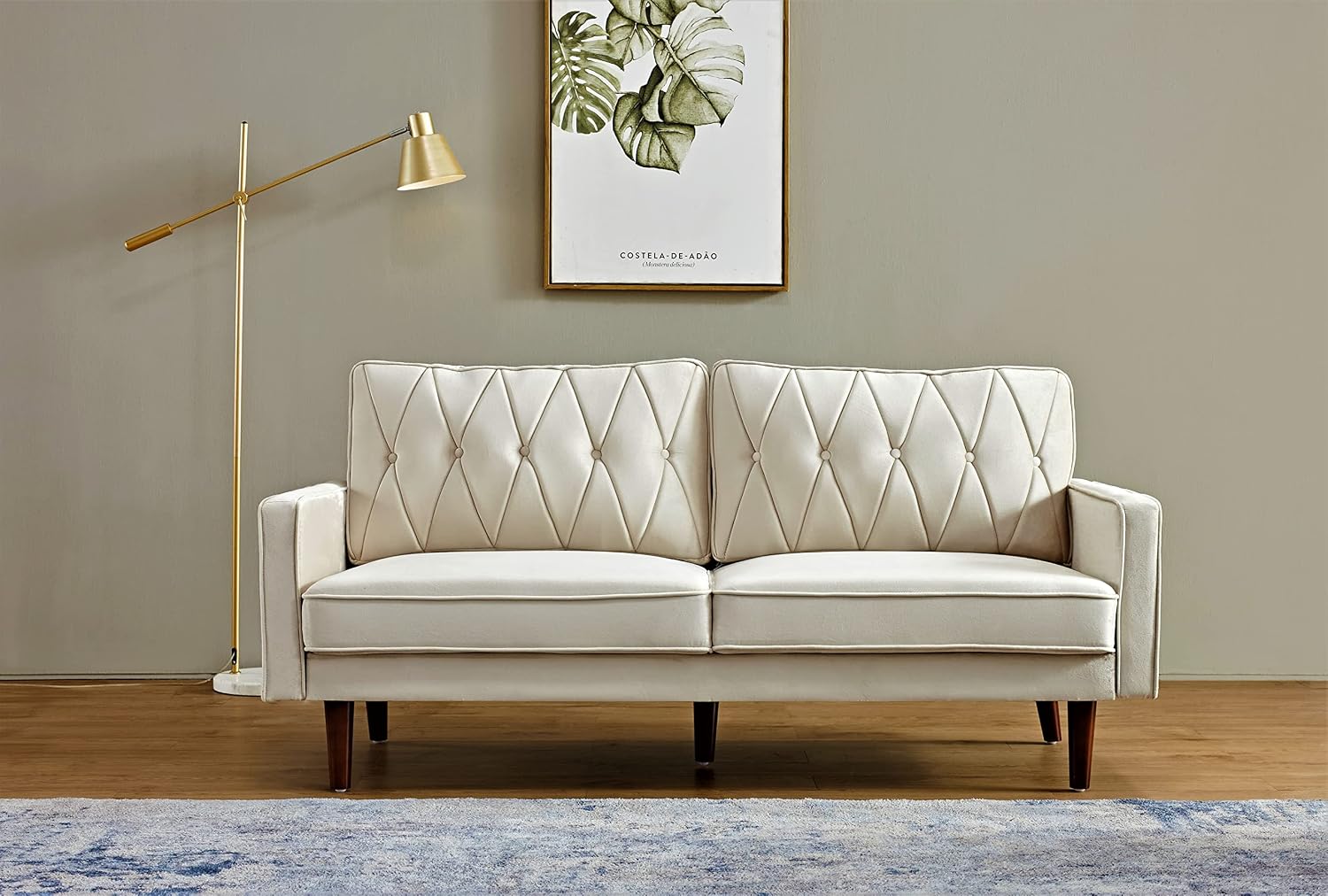 Container Furniture Modern Style Tufted Velvet Couches for Living Room with Soft Fabric Upholstery and Solid Wood Frame, 2 Piece Sofa and Loveseat Set, Ivory