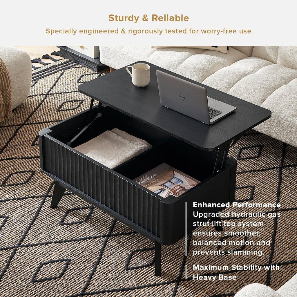 mopio Brooklyn Lift Top Coffee Table for Living Room, Mid Century, Modern Farmhouse with Lifting Tabletop & Hidden Storage, Fluted Panel, Rising Pull Up Dining Table (Black Oak)