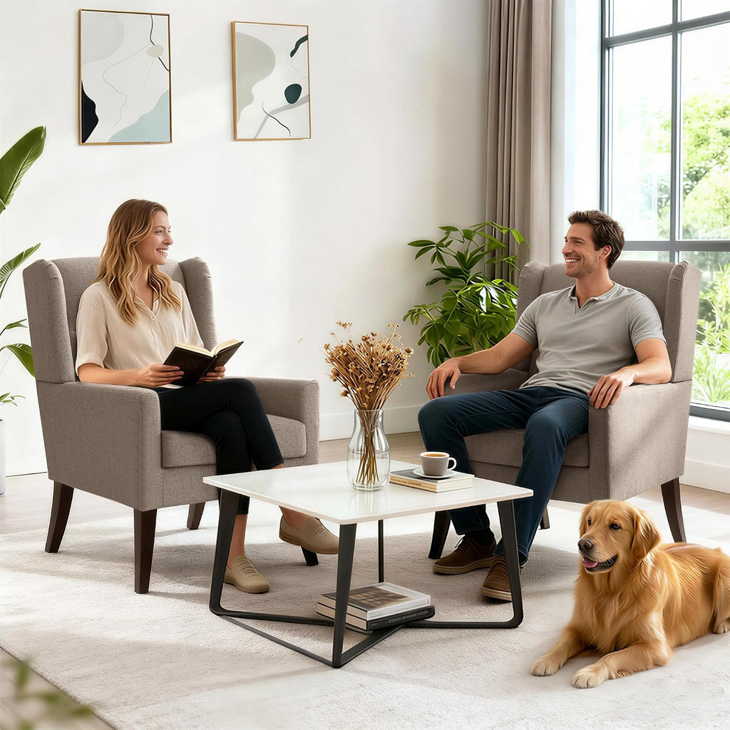 Zihanhome High Back Living Room Chairs, Fabric Accent Chair, Comfy Upholstered Armchair with Wooden Legs for Living Room, Bedroom, Apartment (2, Brown)