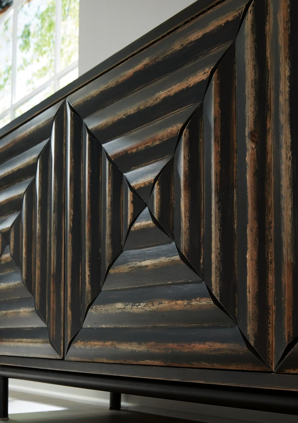 Signature Design by Ashley Fair Ridge Casual Square Patterned 3-Door Distressed Accent Cabinet with 3 Adjustable Shelves, Black & Dark Brown