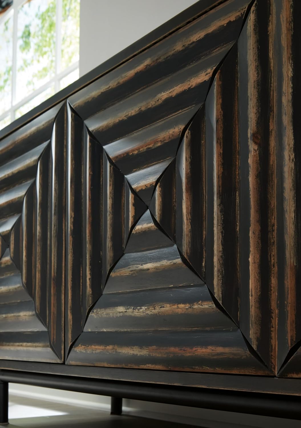 Signature Design by Ashley Fair Ridge Casual Square Patterned 3-Door Distressed Accent Cabinet with 3 Adjustable Shelves, Black & Dark Brown