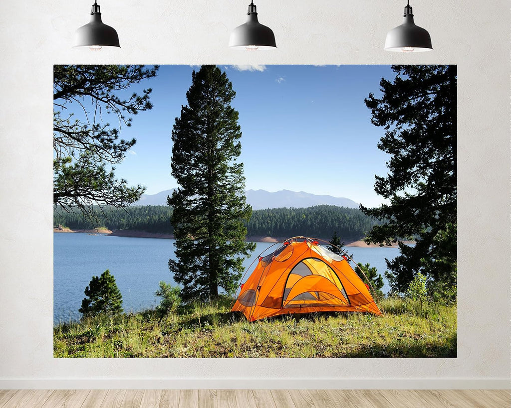 Trykid 20x10ft Orange Tent Lake Mountain Forest Backdrop Nature Scenic Wilderness Camping Photography Background Outdoor Adventure Tapestry Party Decoration Photo Studio Prop Fabric