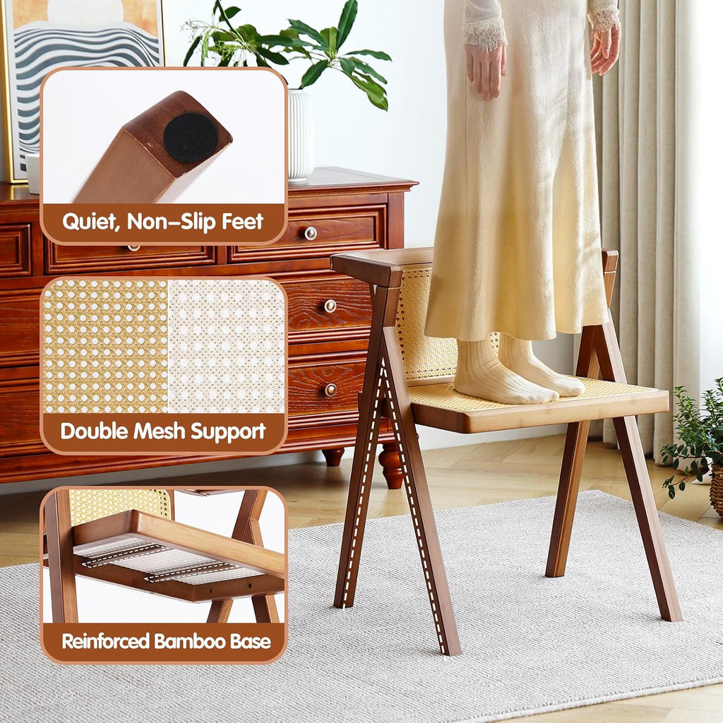 Furlide Rattan Dining Chairs Set of 2, Mid-Century Accent Armchair, Wicker Chair, Outdoor Bamboo Chair for Dining Room, Living Room, Bedroom, Kitchen, Walnut
