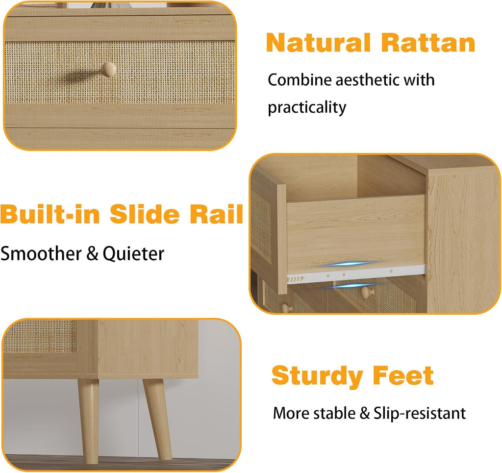 Dresser for Bedroom with 6 Drawer, Natural Rattan Chest of Dressers, Wide Wood Double Dresser, Wooden TV Stand Closet Storage Furniture, Boho Small Clothes Organizer for Hallway, Living Room, Entryway