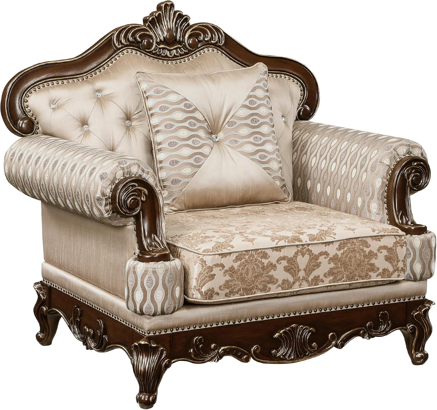 Lexicon Traditional Sofa Chair for Living Room Accent Chair with Tufting, Queen Legs in Cherry Finish with Gold Tipping, Upholstered Armchair Comfy Chair for Bedroom/Office/Waiting Room, Brown