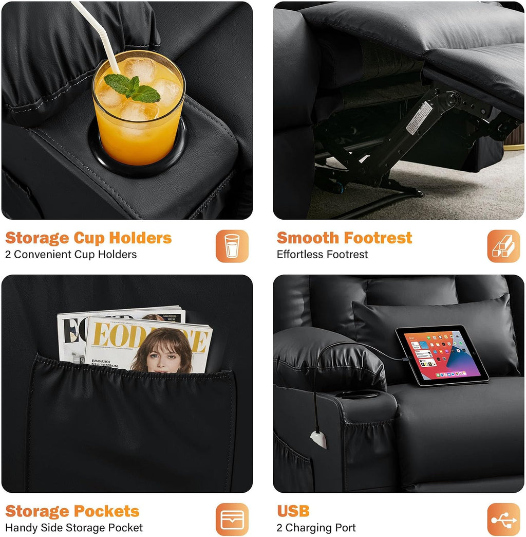 Black Leather Loveseat Recliner with Massage/Heat, Oversized Recliner Couch & Reclining Loveseat with Cup Holders/Pillow, Manual Reclining Sofa For Living Room/Rv/Home Theater Seating (Black)