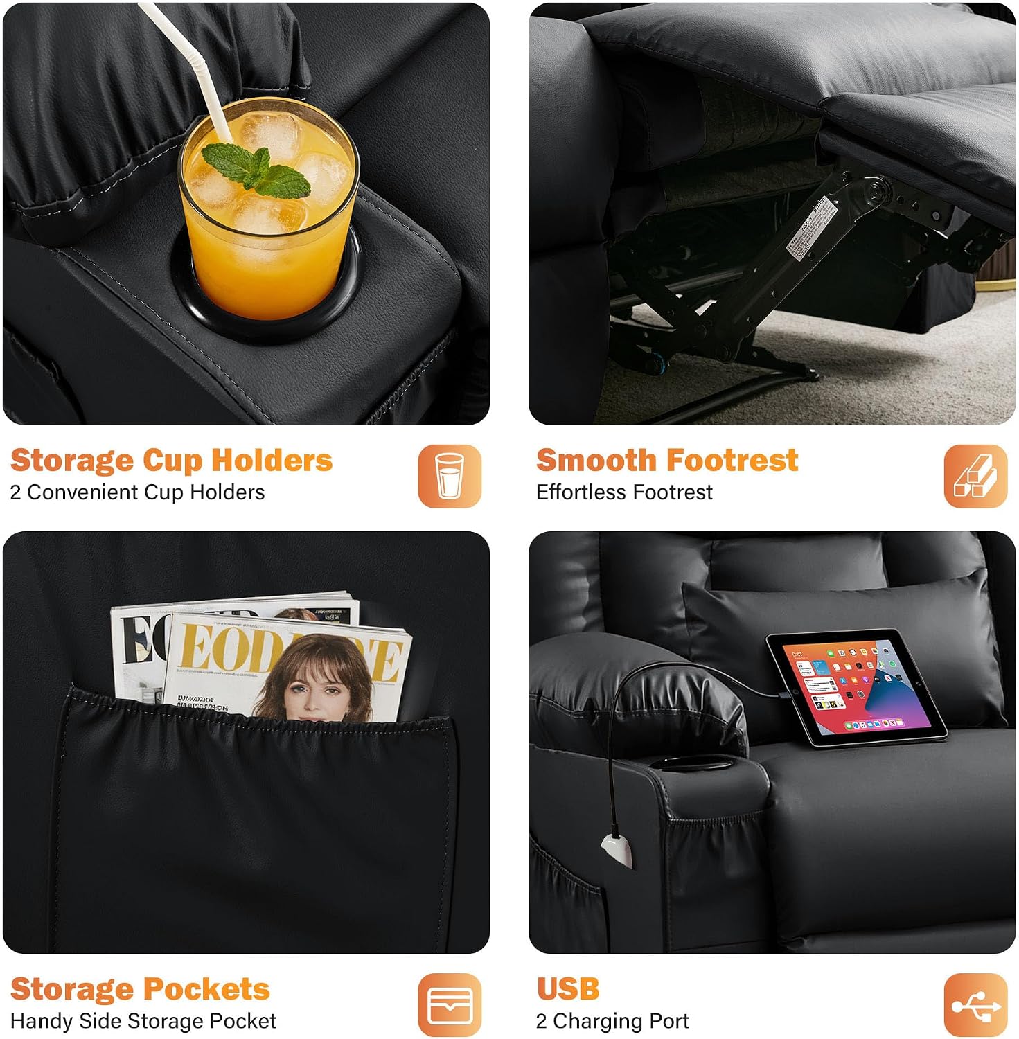 Black Leather Loveseat Recliner with Massage/Heat, Oversized Recliner Couch & Reclining Loveseat with Cup Holders/Pillow, Manual Reclining Sofa For Living Room/Rv/Home Theater Seating (Black)