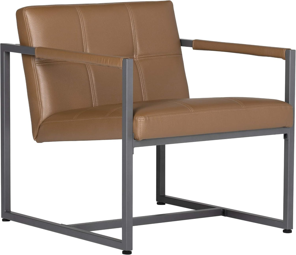 Studio Designs Home Modern Accent Chair Camber Mid-Century, Pewter Grey Metal Frame & Caramel Brown Leather