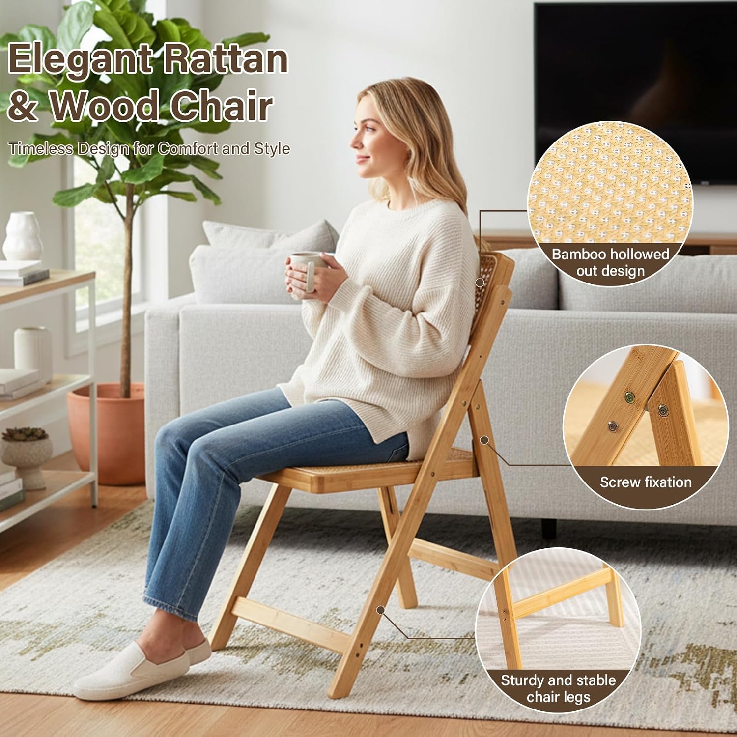 Furlide Rattan Folding Chairs, Modern Mid Century Dining Chairs Set of 2, Outdoor Bamboo Chair for Bedroom Living Room Reading Room Dining Kitchen, Wood