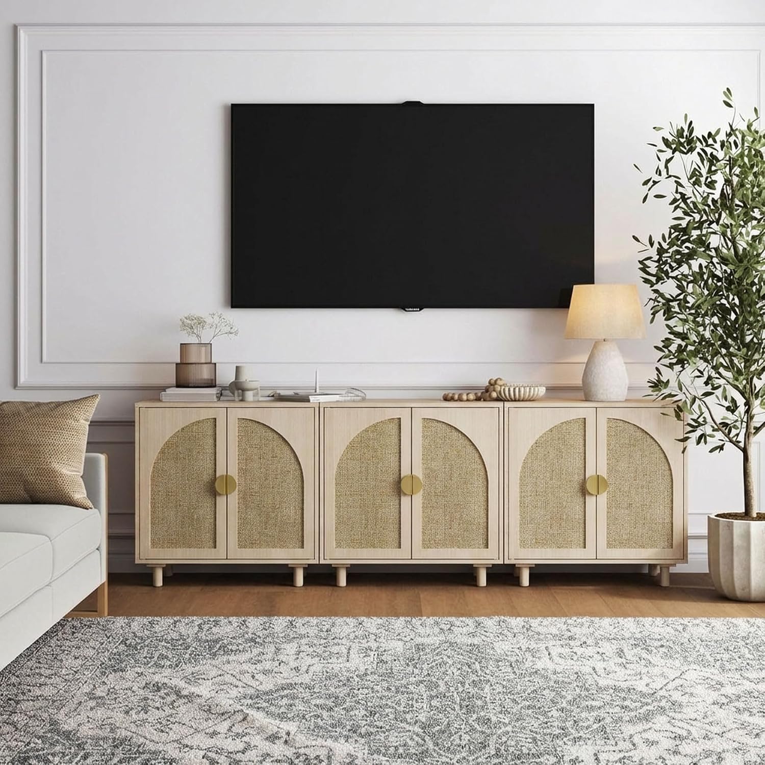 Rattan Cabinet, Sideboard with Magnetic Door Latch & Adjustable Shelf, Beige Boho Buffet for Living Room Entryway, 29.8' W x 15.7' D x 31.5' H (2Pc)