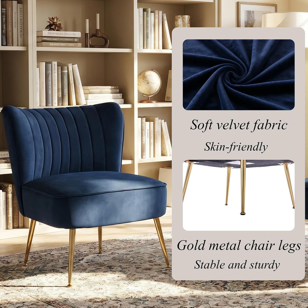Velvet Accent Chair Set of 2 Comfy Living Room Chair Armless Slipper Chair Mid Century Side Single Sofa Chair with Golden Legs Wingback for Bedroom Guest Room, Blue