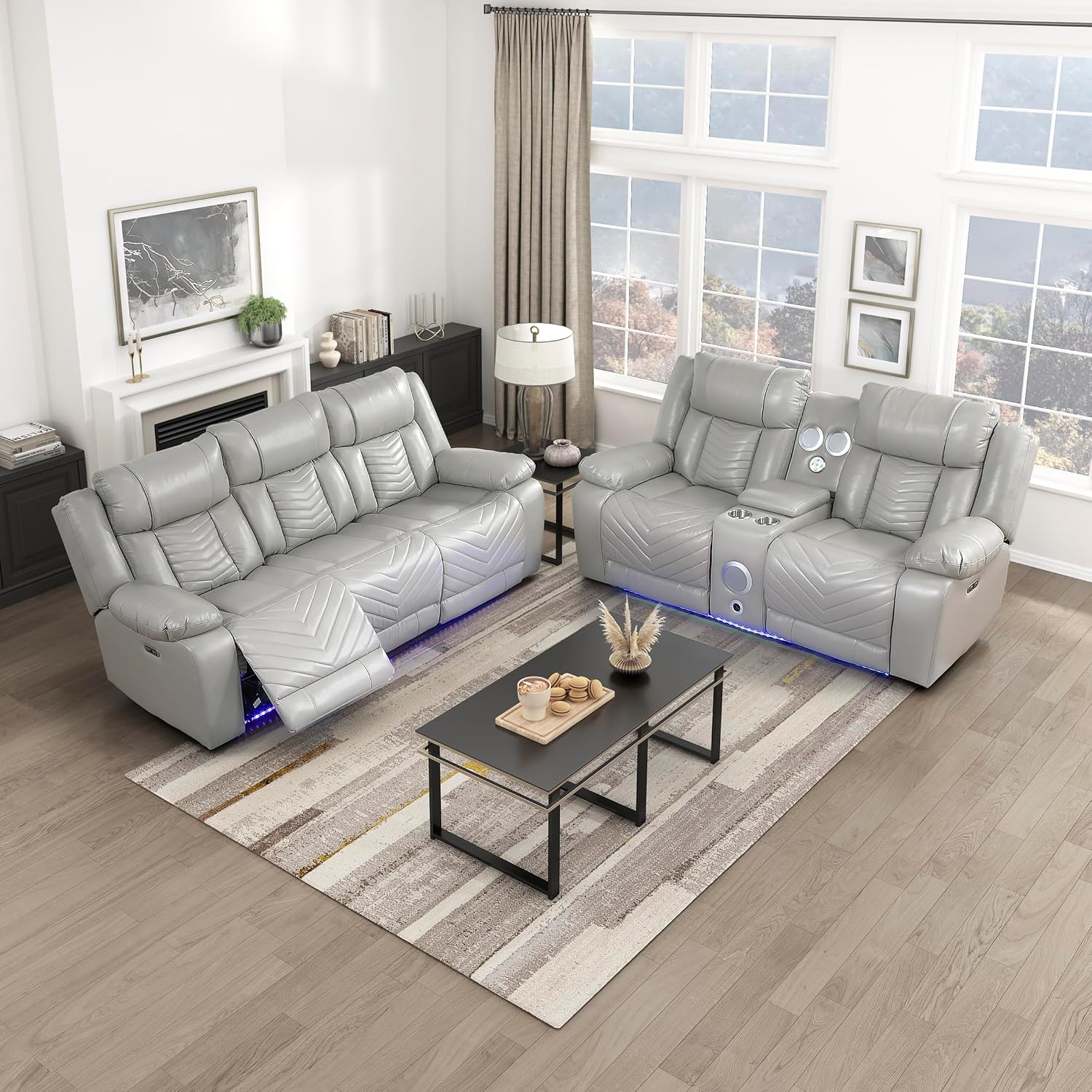 Lexicon 2 Piece Living Room Furniture Sets, Power Reclining Sofa Set, Home Theater Seating with USB Charging Ports/LED Lighting, Wall Hugger Power Double Reclining Sofa & Loveseat, 2 Pieces, Gray