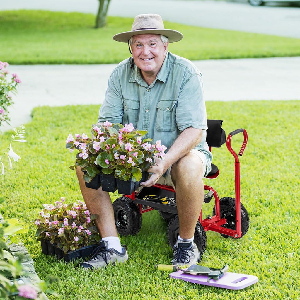 Goplus Garden Seat with Wheels, Rolling Gardening Stool with Adjustable 360° Swivel Seat, Tool Tray & Storage Basket, Extendable Handle, Outdoor Gardening Scooter, Garden Cart Workseat for Seniors