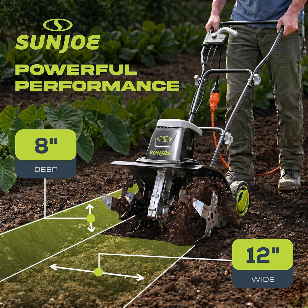 Sun Joe Electric Garden Tiller and Cultivator with 3 Position Height Adjustment Maximum 12-inch Cultivating Width and 8 Amp Motor, TJ602E