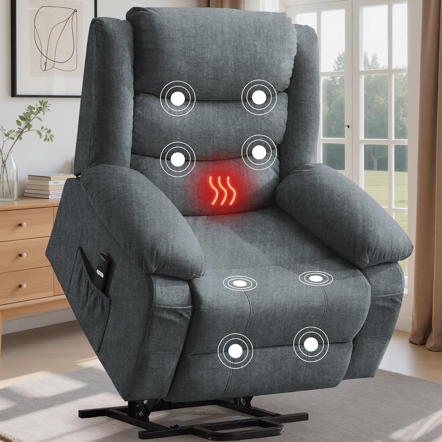 Korser Oversized Power Lift Recliner for Elderly, Electric Recliner Chairs with Massage and Heat, Extra Wide Recliner with Side Pockets, Reclining Chair for Living Room (Cashmere, Grey)
