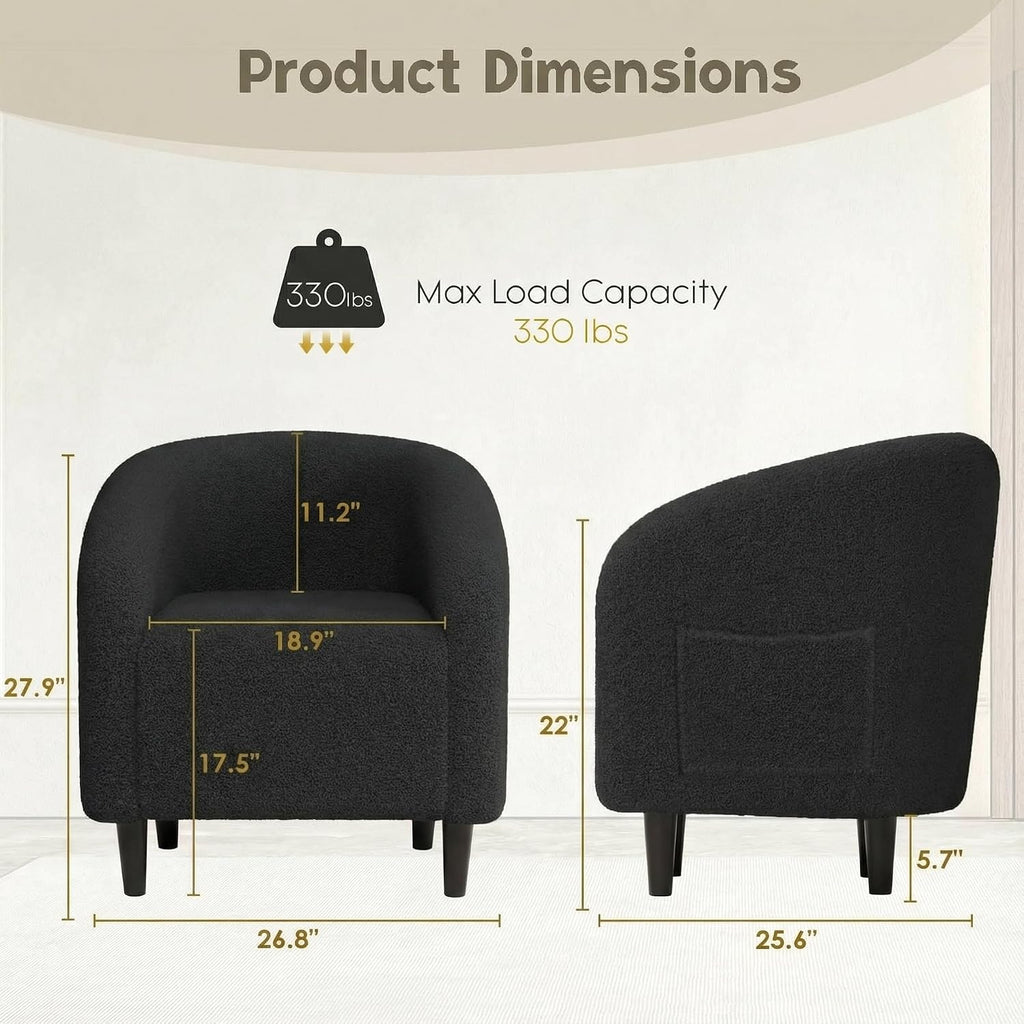 Modern Accent Barrel Chair, Comfy Teddy Fabric Club Armchair with Side Pocket, Easy Assembly Living Room Corner Chair for Bedroom, Office, Reception Space