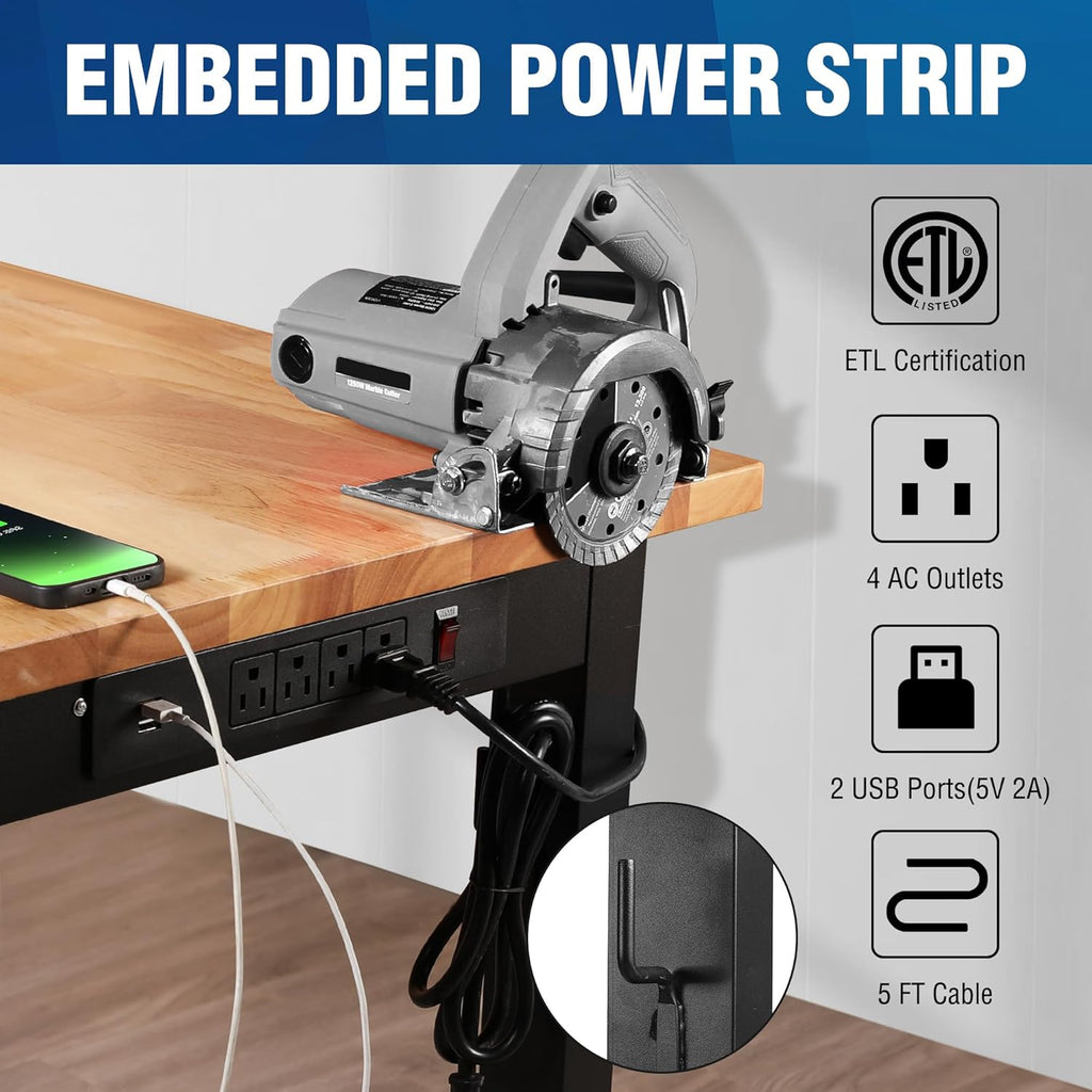 WORKPRO Adjustable Garage Workbench, 48'x22' Rubber Wood Top Heavy-Duty Work Desk with Power Outlets, Leveling Foot, 5 Heights, 1500 LBS Load Capacity Work Benches for Garage, Workshop