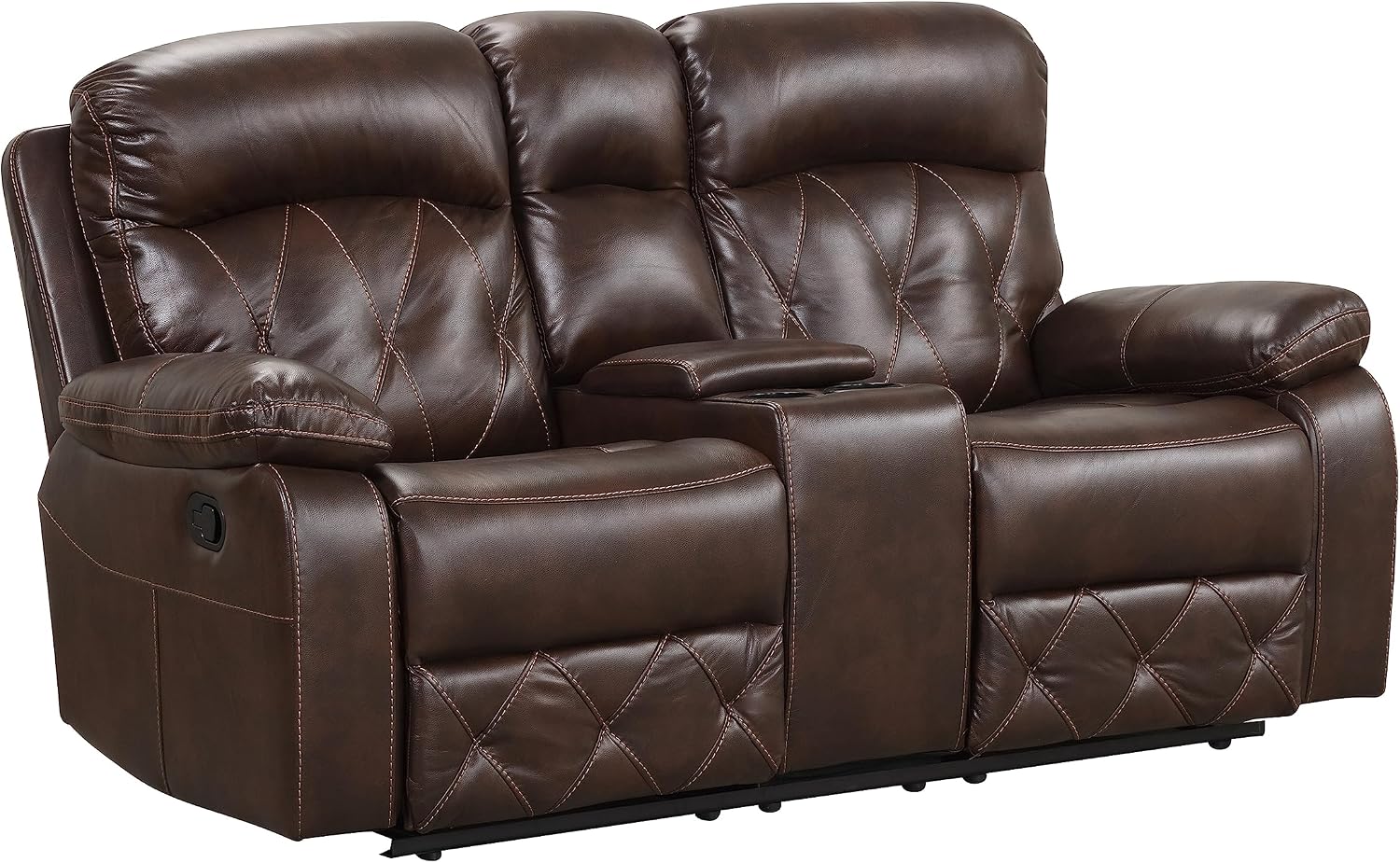 24/7 Shop at Home Skylar Transitional Breathable Leather Manual Recliner Loveseat with Fabric Lined Storage Console and Diamond Stitching for Living Room, Bedroom, Brown