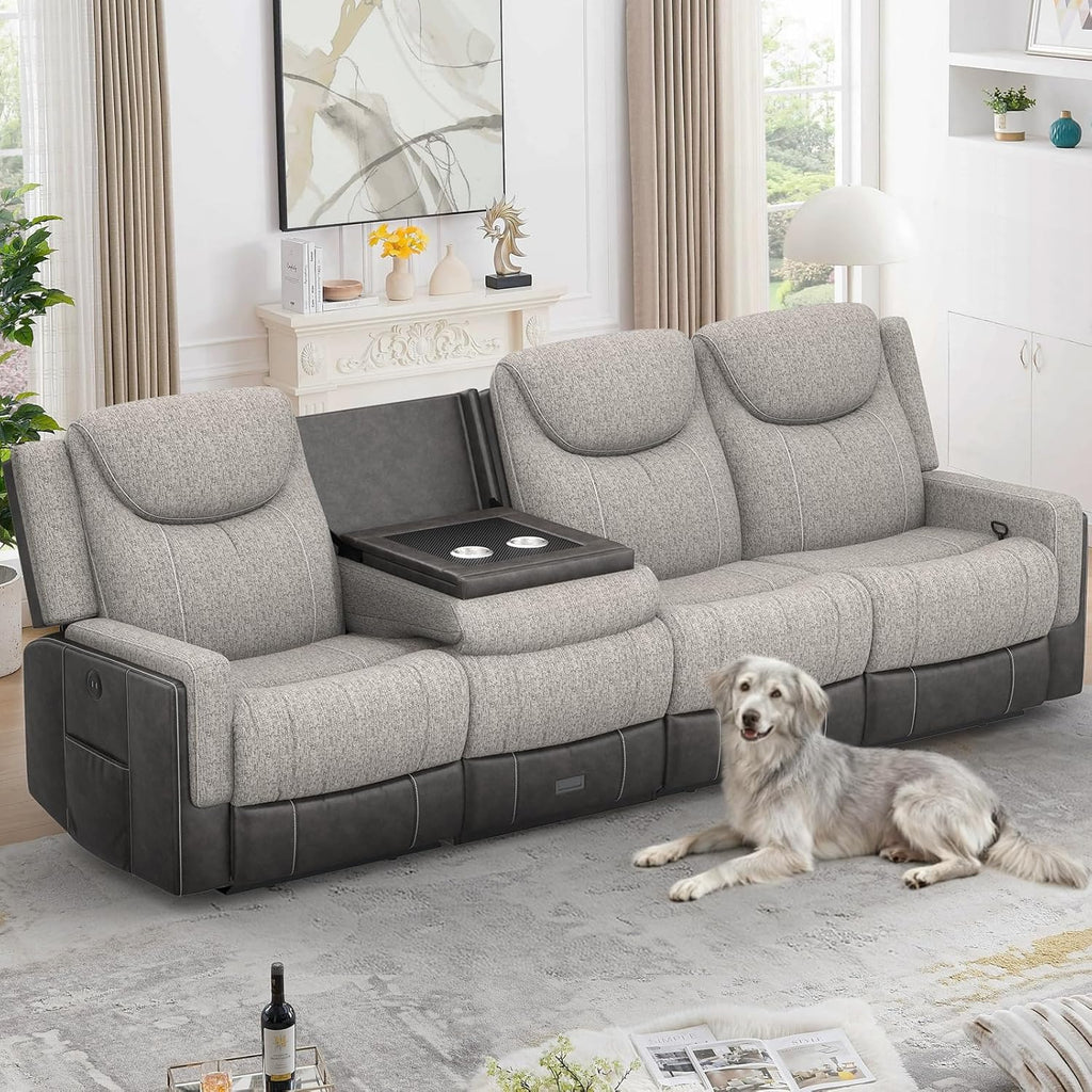 Dresegmt 4 Seat Manual Reclining Sofa, Flip Middle Backrest 2-in-1 Recliner Couch with Large Storage Drawer, USB Ports & Cup Holders, Grey Linen & Leather 4 Seater Recliner Sofa for Living Room