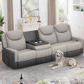 Dresegmt 4 Seat Manual Reclining Sofa, Flip Middle Backrest 2-in-1 Recliner Couch with Large Storage Drawer, USB Ports & Cup Holders, Grey Linen & Leather 4 Seater Recliner Sofa for Living Room