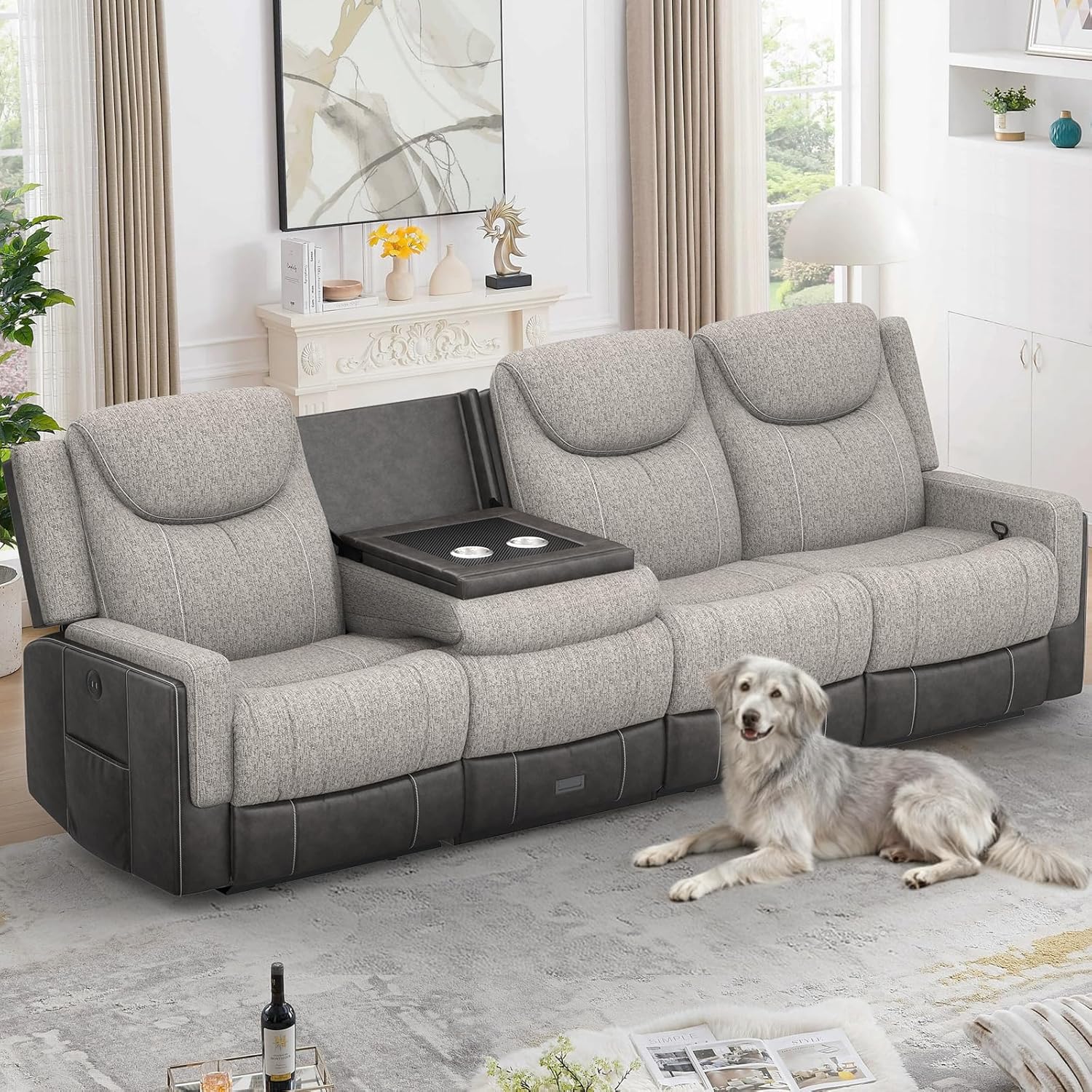 Dresegmt 4 Seat Manual Reclining Sofa, Flip Middle Backrest 2-in-1 Recliner Couch with Large Storage Drawer, USB Ports & Cup Holders, Grey Linen & Leather 4 Seater Recliner Sofa for Living Room