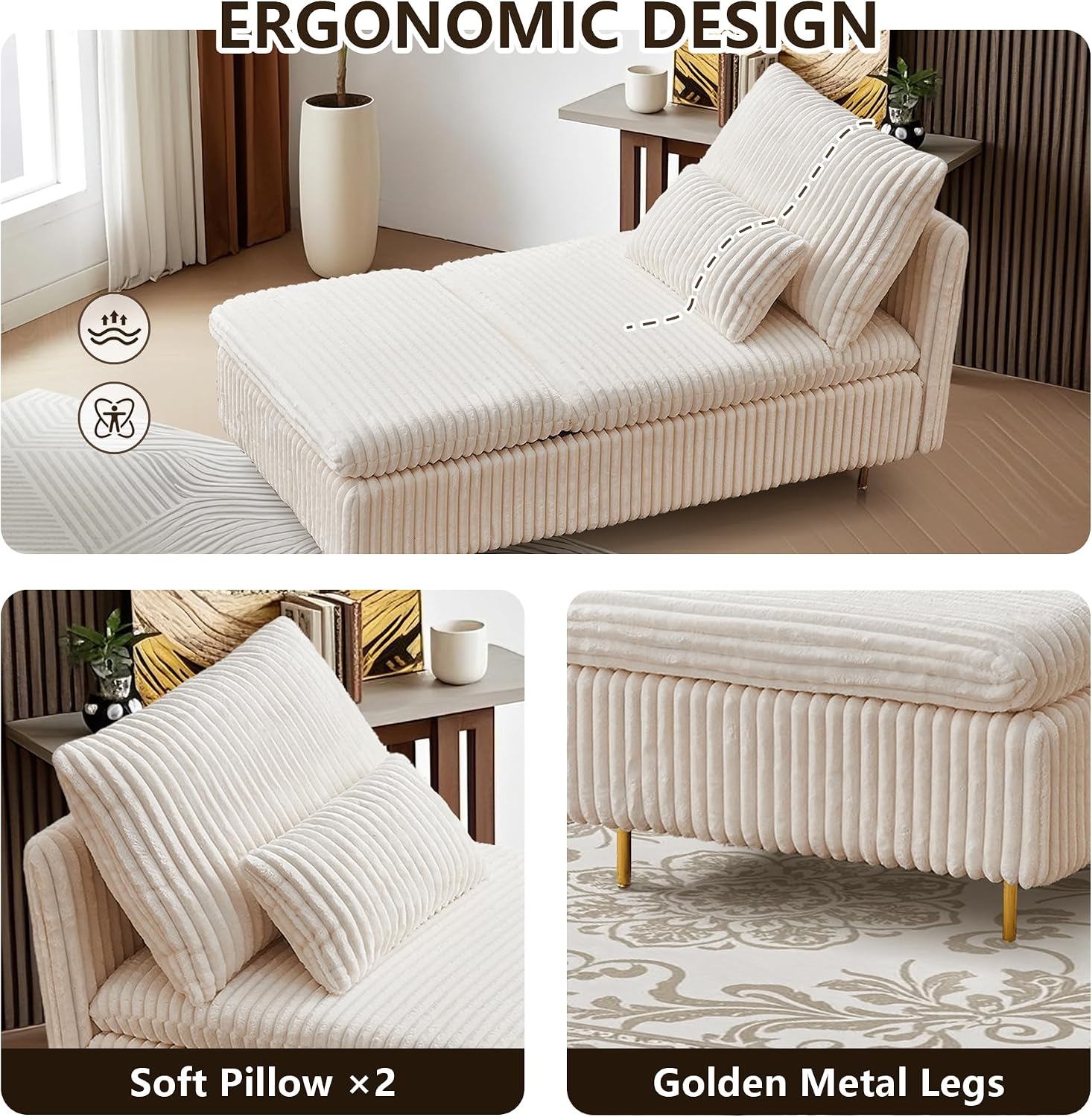 62.6' Corduroy Chaise Lounge Indoor, Modern Longue Chair Upholstered Chaise Longue with Support Pillow & Golden Metal Legs, Sleeper Sofa Recliner for Bedroom, Living Room, Office, Beige