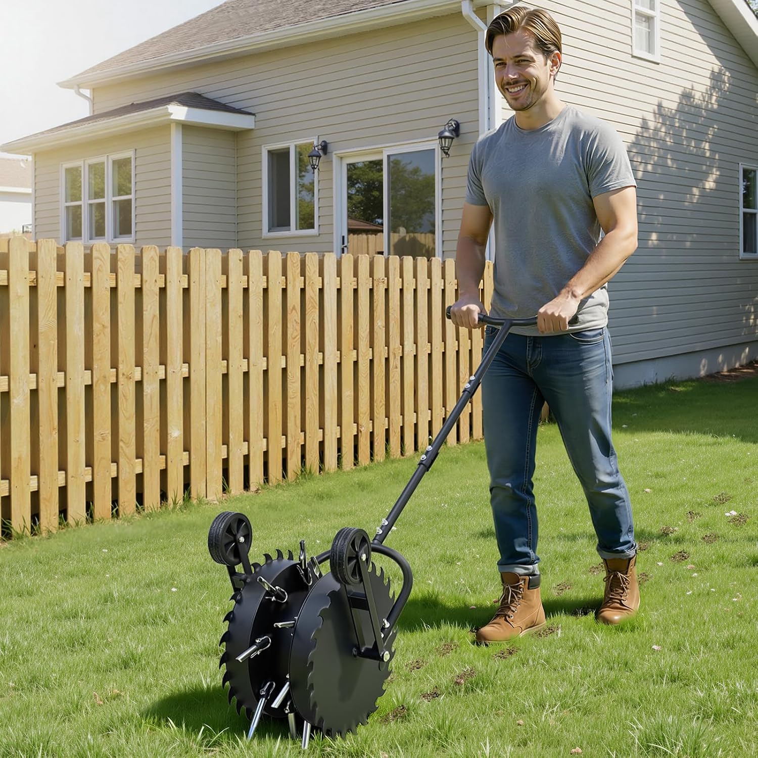 VEVOR Rolling Lawn Core Aerator, 16.6 in Coring Aerator Roller with Anti-Clog Tines, Heavy Duty & Rust-Resistant, Yard Grass Pulling Plugs Manual Aeration Tool for Compacted Garden Soil Loosening