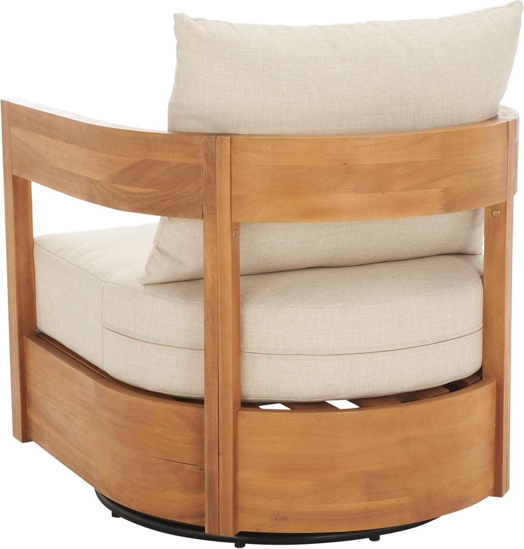 SAFAVIEH Outdoor - Kento Swivel Lounge Chair - Natural & Taupe - Solid Wood with Cushion - Modern Round Design - Ideal for Patio, Deck, Porch, Backyard, 27.5' W x 33' D x 29.1' H (PAT7099A)