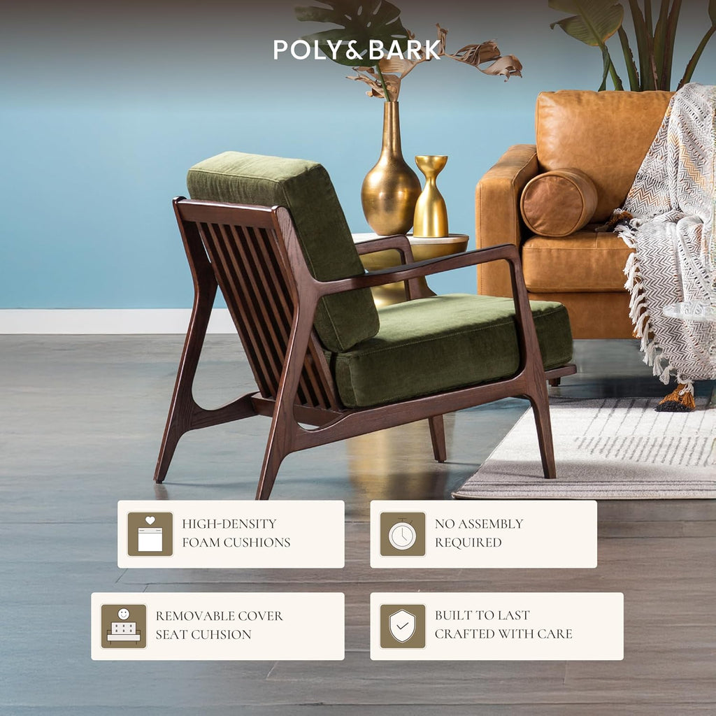 Poly & BARK Verity Fabric Accent Chair – Fabric Armchair with Walnut Wood Frame – Fashion-Forward Lounge Seating for Living Room – Upholstered in Distressed Green Velvet for Modern Style