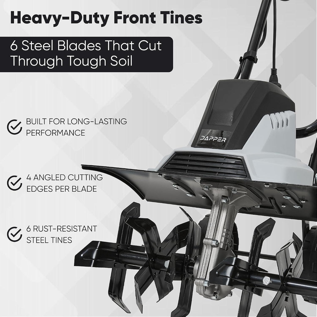 Dapper Supply 18 Electric Tiller Cultivator, 15Amp Corded Garden Rototiller with 6 Steel Tines, Adjustable Depth Wheels, Powerful Soil Cultivator for Gardening and Landscaping