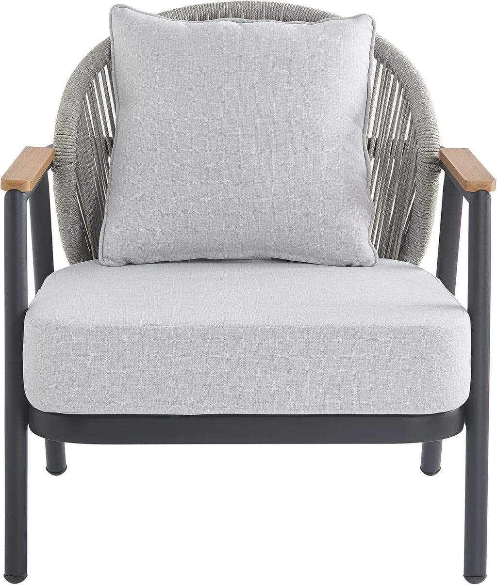 Christopher Knight Home Vine Iron Patio Club Chair Set of 2, Outdoor Accent Chair with Cushions, Wooden Patio Armchair, Ergonomic Comfy Reading Chair for Balcony, Backyard, Garden, Dark Grey+Grey