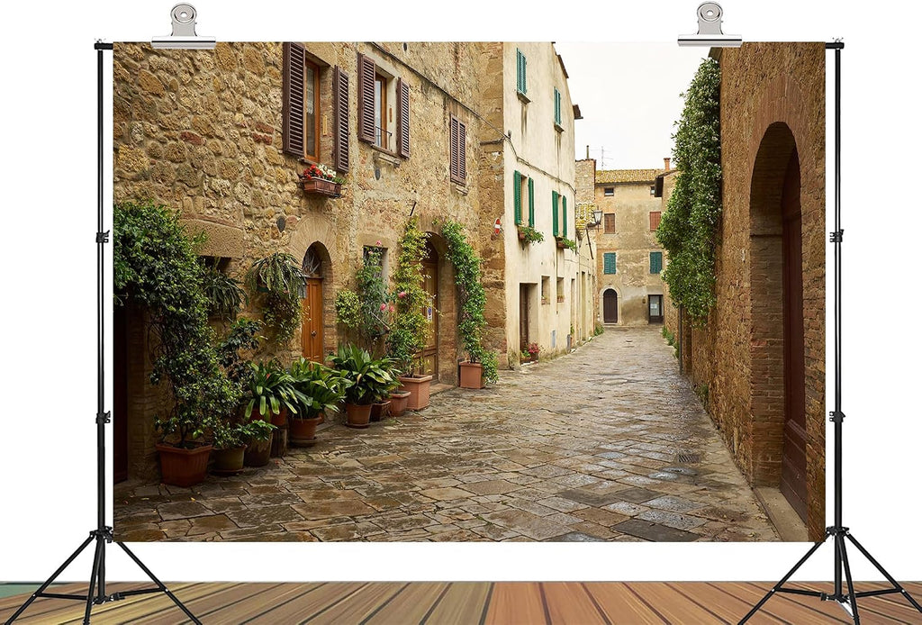 20x10ft Fabric Medieval Tuscan Town Narrow Street with Stone Houses Backdrop Historic Cultural Background for Travel Themed Party Decorations Home Wall Hanging Tapestry Photo Booth Props