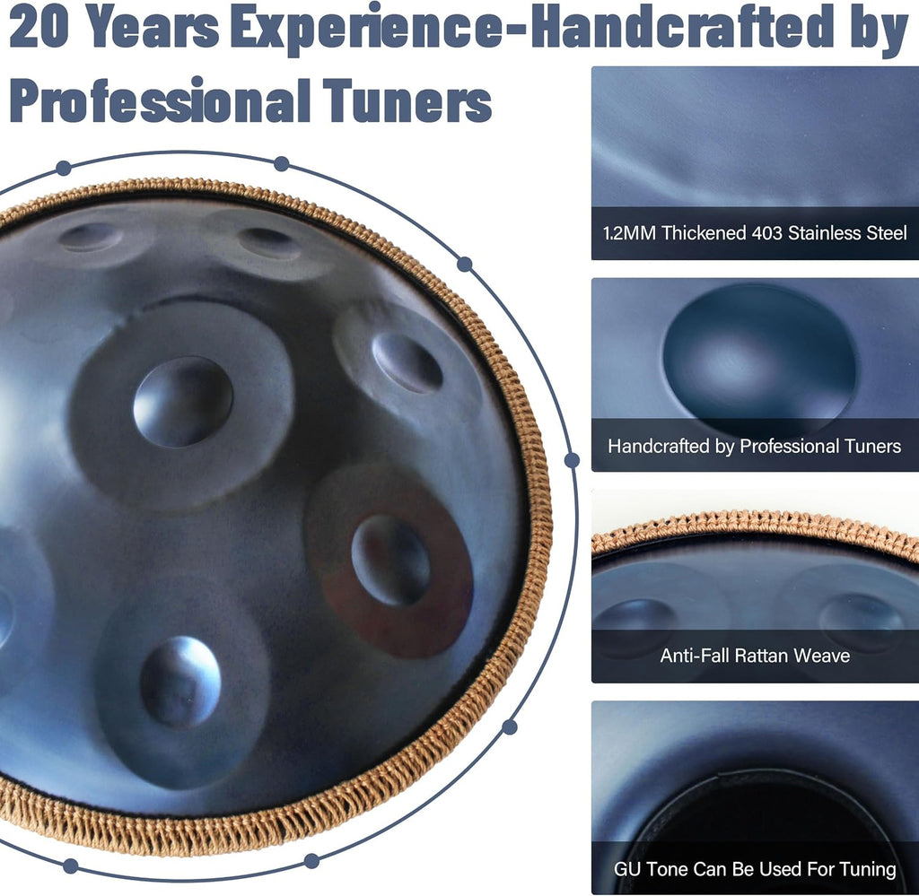 Handpan 22 inch D Minor Kurd Handpan 9 Notes Handpan Drum Instrument for Professional Performance, 440HZ Sound Handpan Drums for Adults