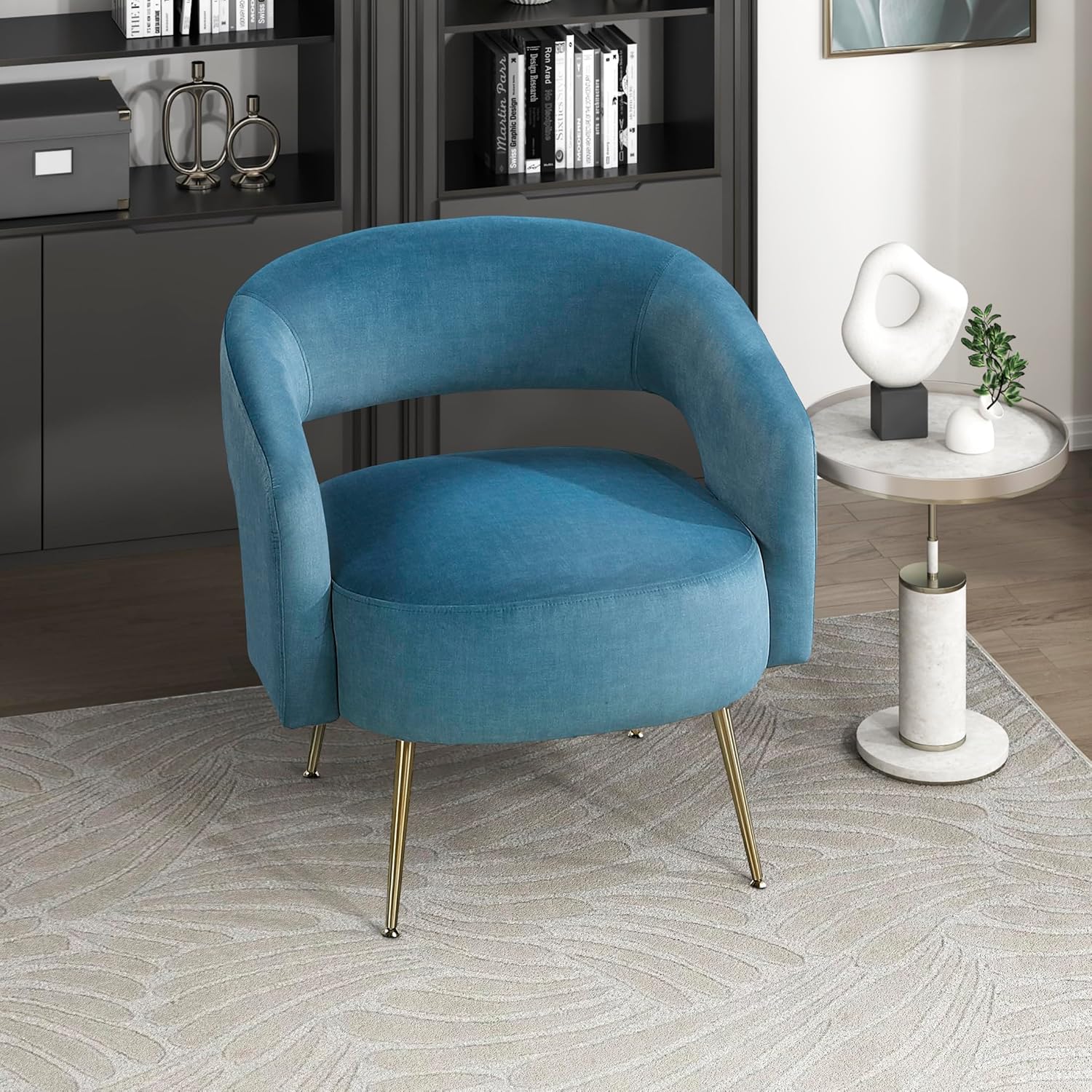 Lexicon Mid-Century Modern Velvet Accent Chair with Open Back, Gold Metal Legs, Upholstered Curved Barrel Armchair for Living Room/Bedroom/Office, Easy Assembly, Dark Teal