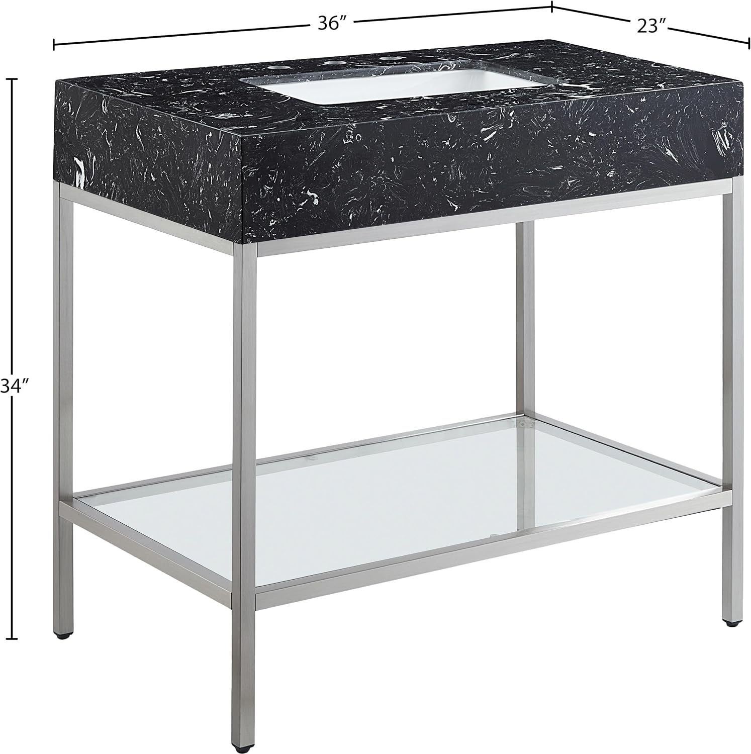 Meridian Furniture 408Black-36 Marmo Collection Modern | Contemporary Bathroom Vanity with Black Engineered Stone with White Veining, Brushed Chrome Stailness Steel Base, 36' W x 23' D x 34' H, Black