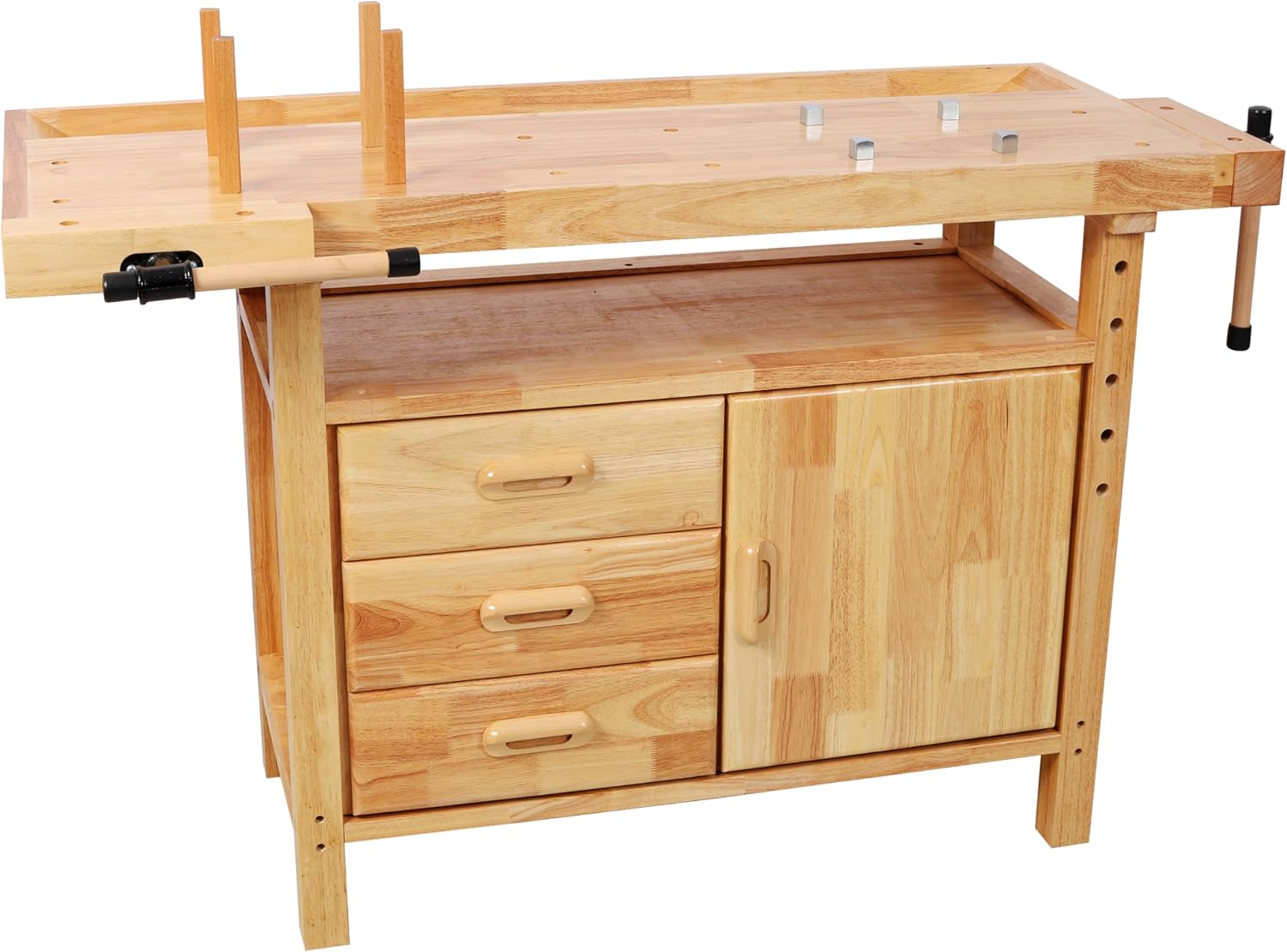 Montary 50' Professional Rubberwood Heavy Duty Workbench with 3 Drawers, 1 Cabinet Door & Open Shelf Integrated Vises, Wood Work Bench for Garage, Woodworking Carpenter Workshop & Home Use