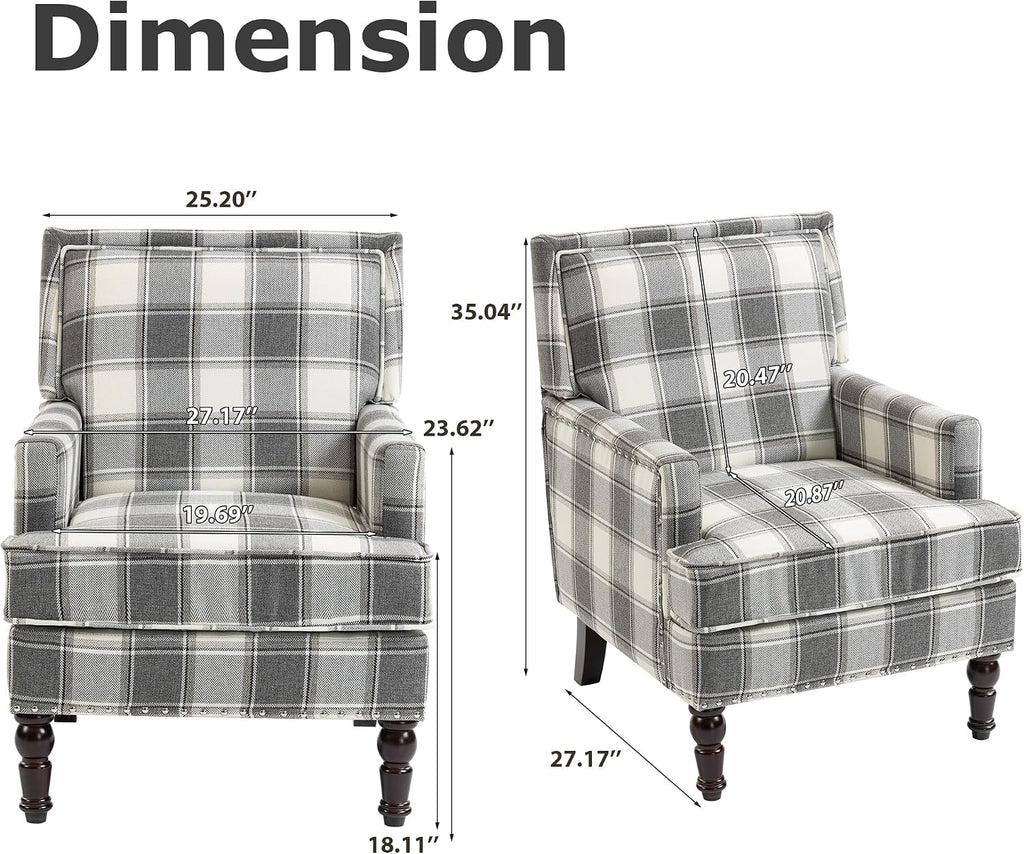 Accent Chair, Plaid Gingham Comfy Cozy Modern Mid-Century Accent Chairs Upholstered Lounge Arm Chair with Solid Wood Frame for Living Room/Bedroom-Gray Plaid