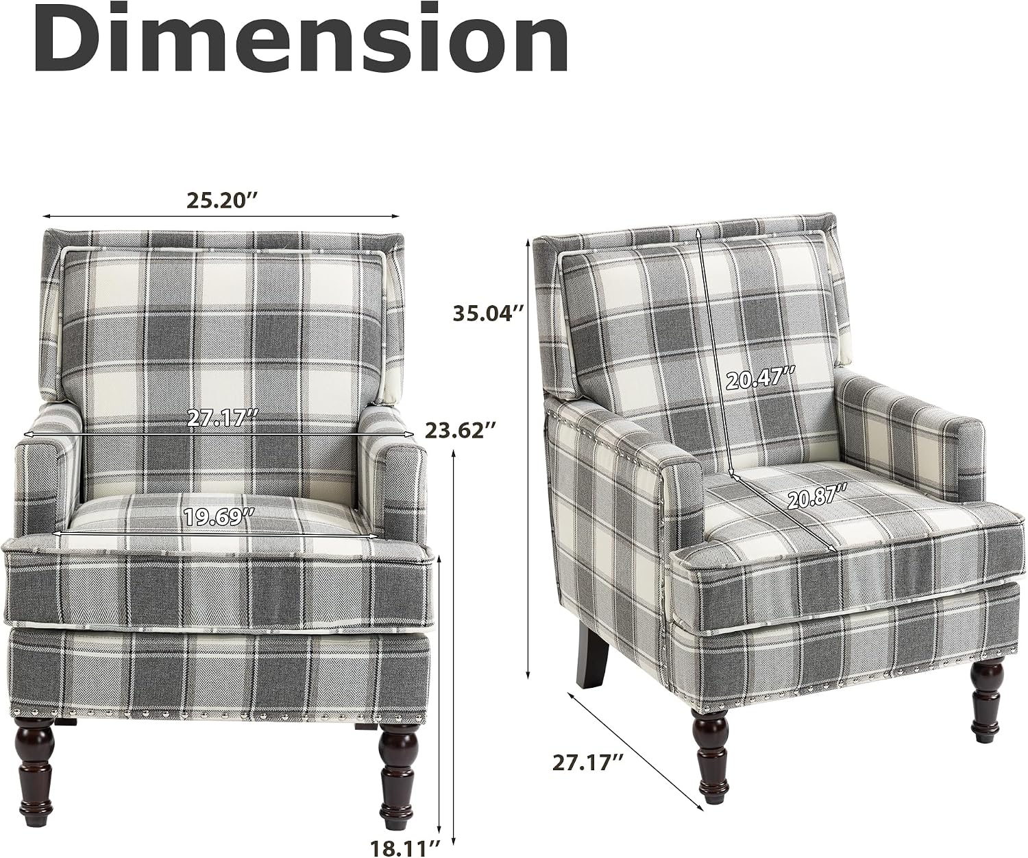 Accent Chair, Plaid Gingham Comfy Cozy Modern Mid-Century Accent Chairs Upholstered Lounge Arm Chair with Solid Wood Frame for Living Room/Bedroom-Gray Plaid