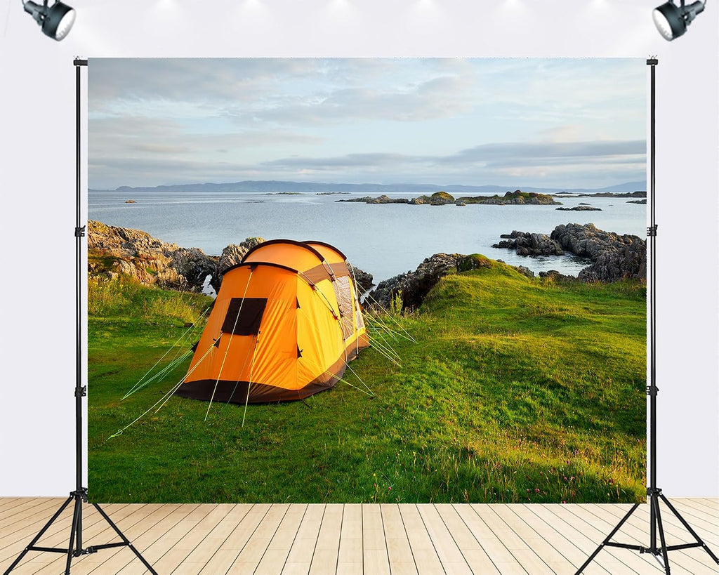 Trykid 20x10ft Orange Tent Coastal Shoreline Backdrop Serene Seaside Camping Landscape Photography Background Nature Decor Tapestry Party Decoration Photo Studio Prop Fabric