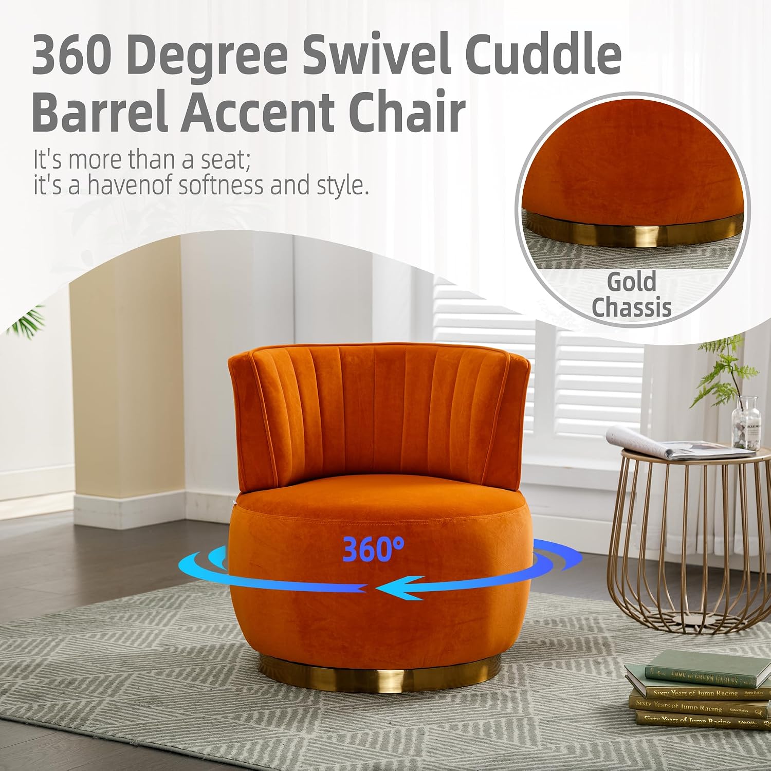 KEIKI Swivel Barrel Accent Chair, 360 Degree Rotating Upholstered Armchair with Velvet Fabric for Living Room, Office, Bedroom, Orange