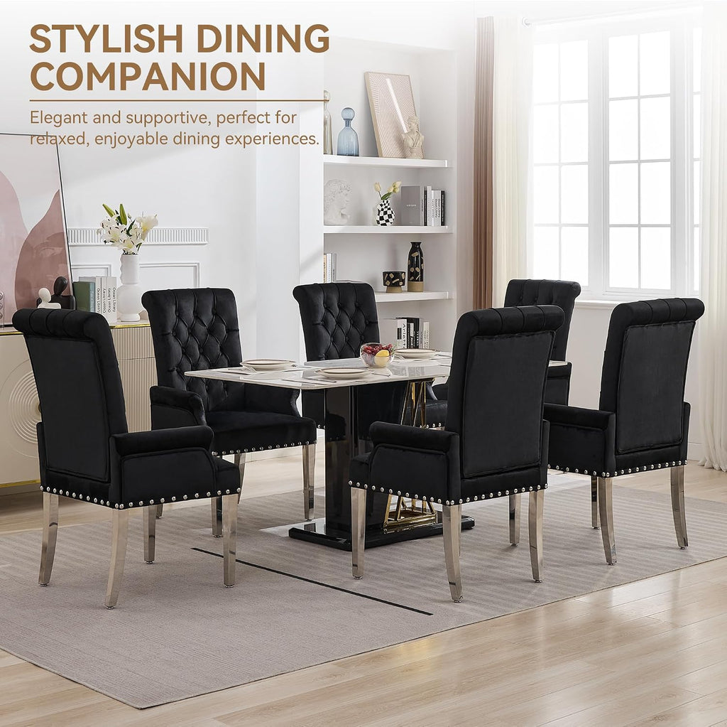 WUTUTUEE Velvet Dining Chair with Arms, Upholstered Tufted High Back Dining Room Chairs, Accent Armchair with Chrome Leg and Nailhead Trim, Kitchen Dining Living Room, Black