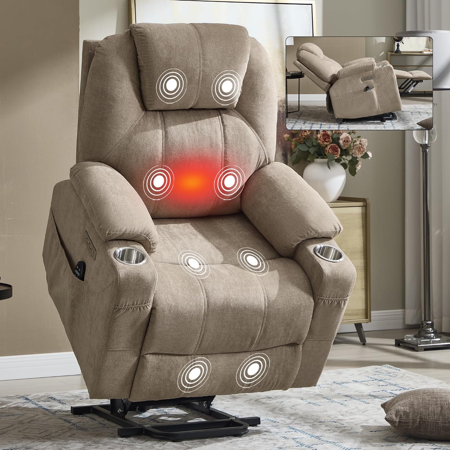 KEIKI Large Dual Motor Power Lift Recliner Chair for Adults, Polyester Rocking Chair with Back Massager and Heated, USB and Type-C Ports, Cup Holders, Comfy Reading Sofa Chair for Living Room, Khaki