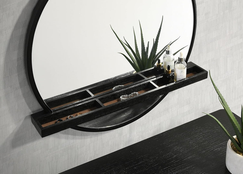 Coaster Home Furnishings Arini Coastal Round Wall Mounted Vanity Mirror for Bedroom with Jewelry Storage Shelf Black 224338